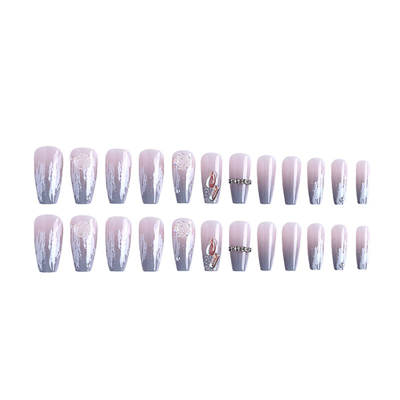 Artificial nail set with delicate rose and glitter decorations Bowlift