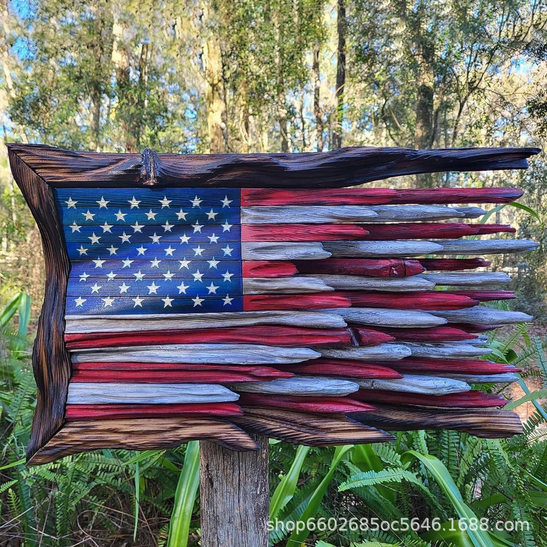 Unisex nan reclaimed wooden American flag wall sculpture with layered driftwood planks and rustic charred frame Bowlift