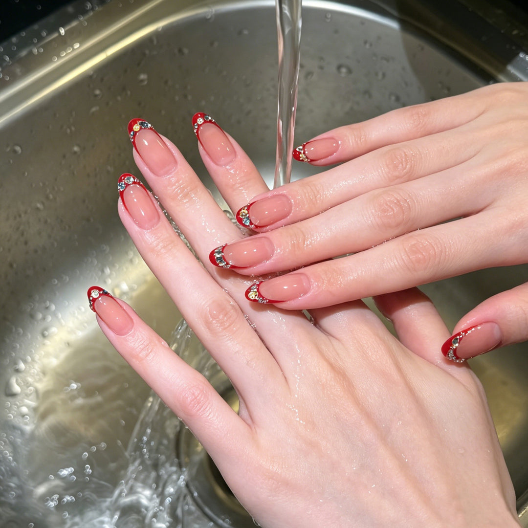 Elegant Decorative Press-On Nail Set with Gemstone Accents Bowlift