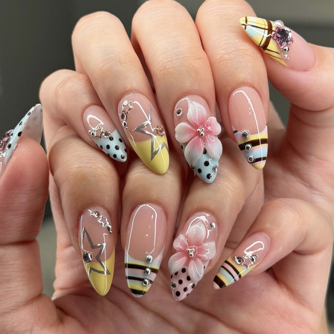 Elegant Floral and Geometric 3D Nail Art Extensions Bowlift