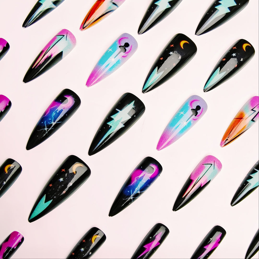 Creative artificial nails with neon light flash design Bowlift