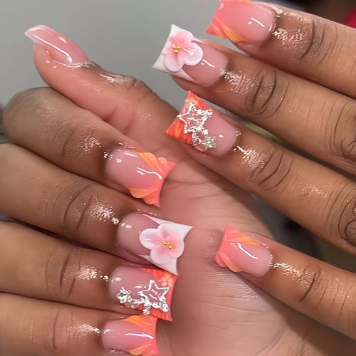 Artistic Press-On Nail Art Set with Floral and Gemstone Accents Bowlift