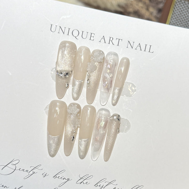 Artistic Long Press-On Nail Set with Elegant Floral Design Bowlift