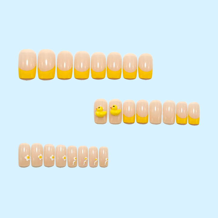 Artificial nails with playful duck design and summery color gradient Bowlift