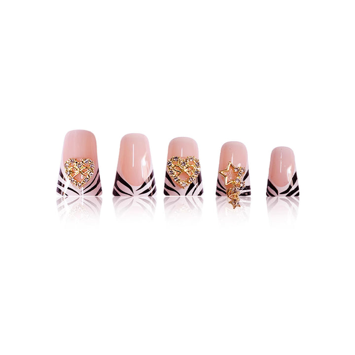 Artistic Zebra-Patterned Nail Enhancements with Gem Accents Bowlift