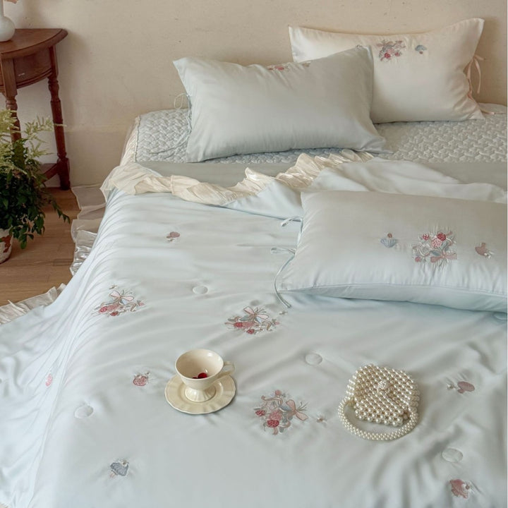 Luxury Satin Embroidered Ruffled Duvet Cover Set