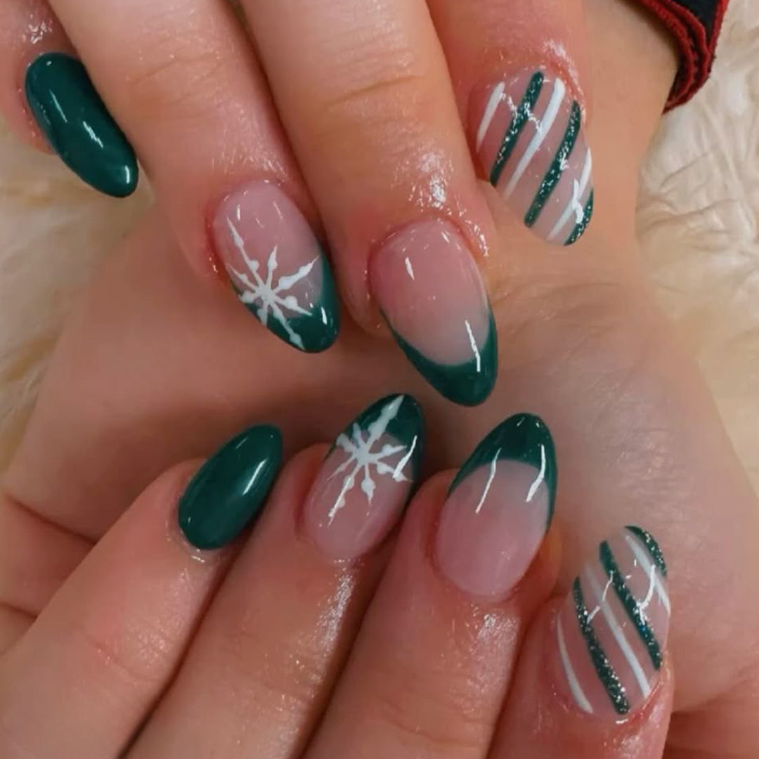 Premium Stiletto Press-On Nail Art Set with Snowflake and Striped Design Bowlift