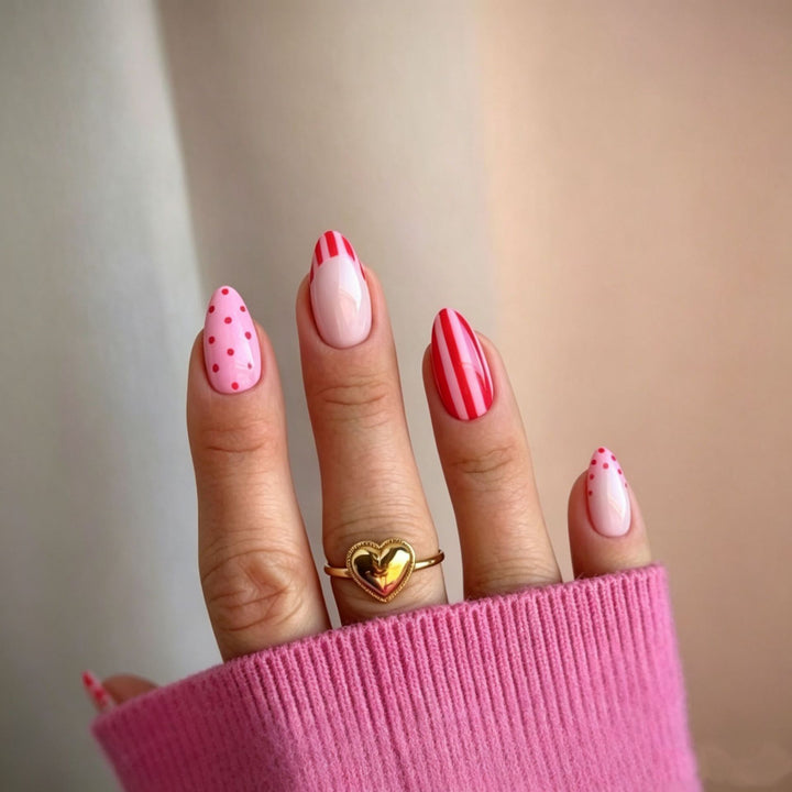 Artistic Nail Design with Heart and Stripes Bowlift
