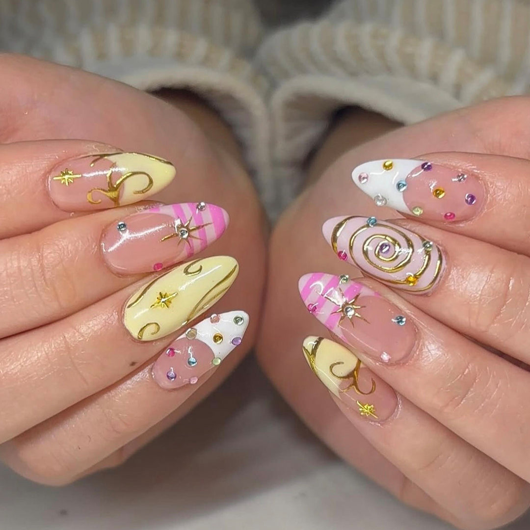 Artful Nail Art with Glitter and Spiral Design Bowlift