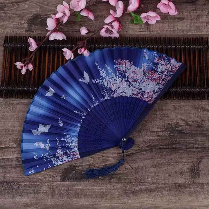 Ladies one size elegant silk folding fan with floral butterfly design and tassel Bowlift