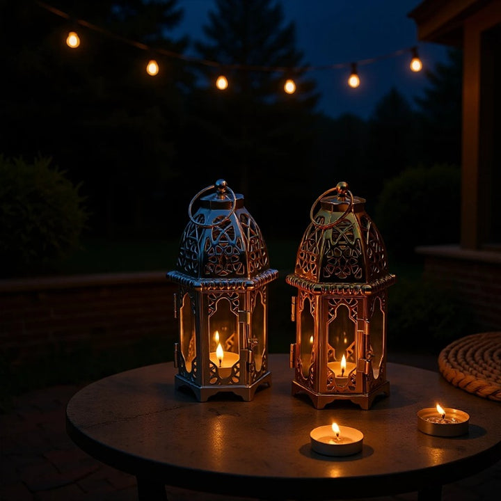 Intricate Cutwork Metal Tealight Lantern with Hinged Glass Panels Bowlift