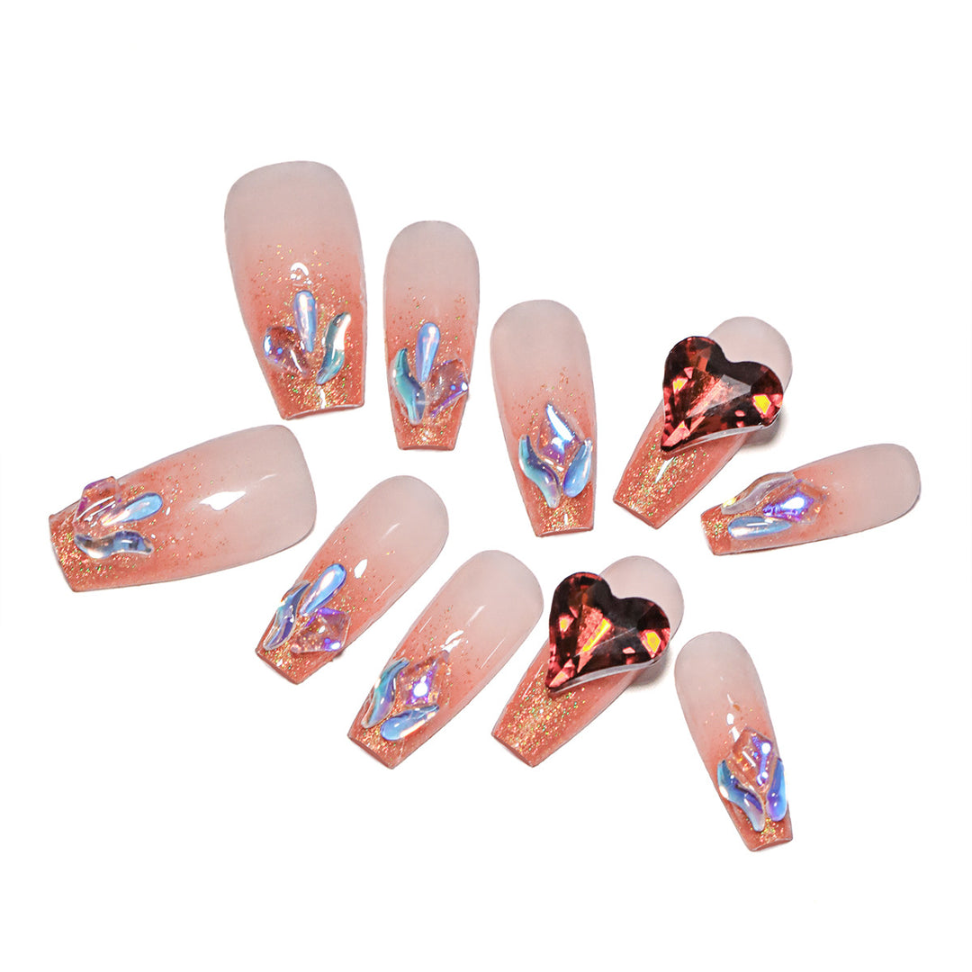 Artistic acrylic nails with heart design and sparkling accents Bowlift