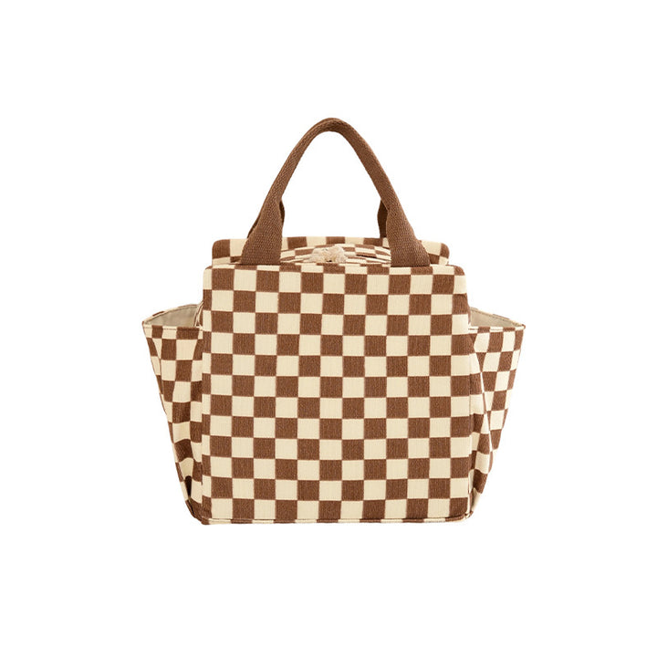 Structured Canvas Checkerboard Tote with External Side Pockets Bowlift