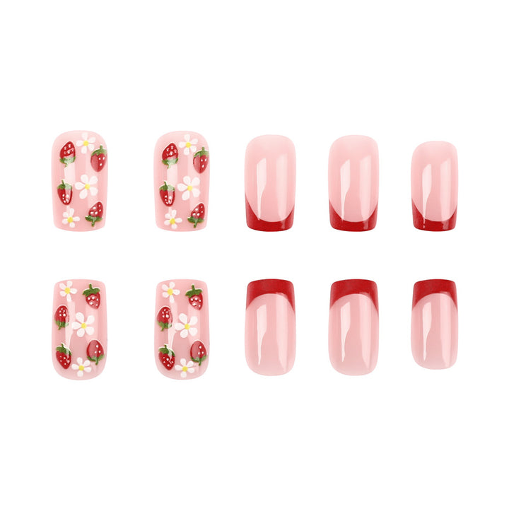 Artistic Strawberry Floral Press-On Nails Bowlift