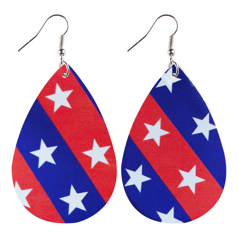 Women's star stripe print faux leather drop earrings with fishhook Bowlift
