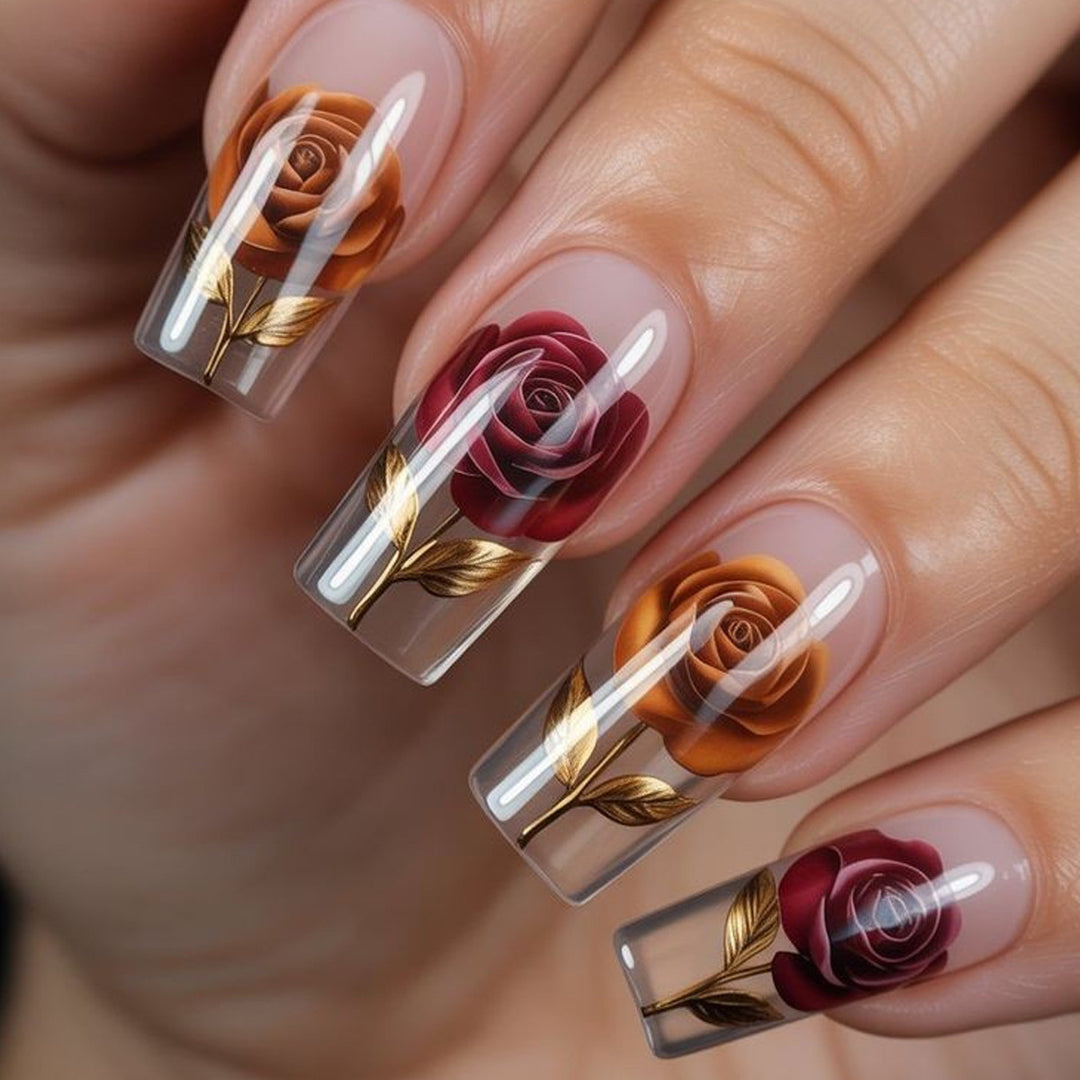 Elegant artificial nails with rose motifs Bowlift