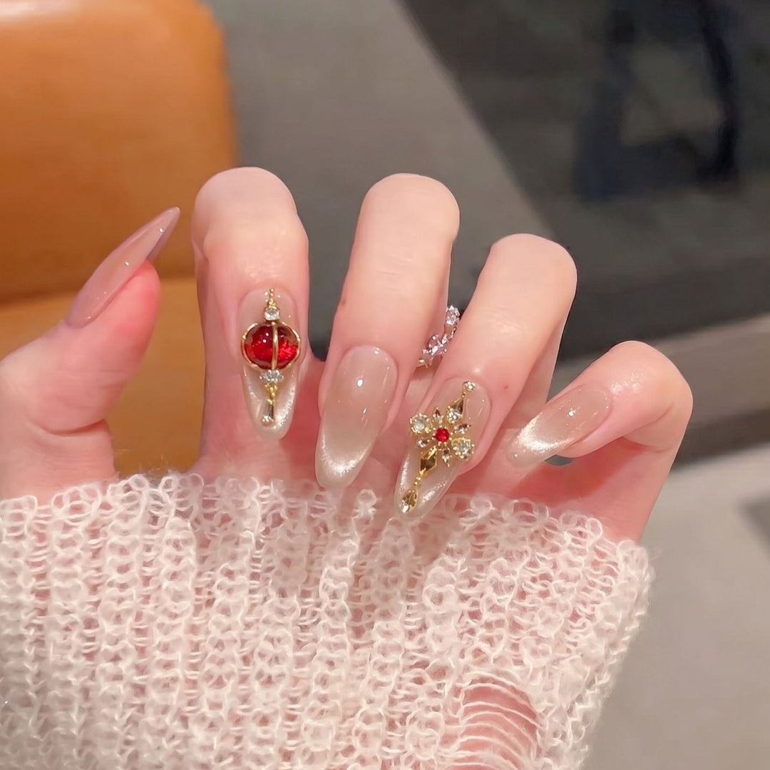 Elegant Stiletto Press-On Nail Set with Gemstone Accents Bowlift