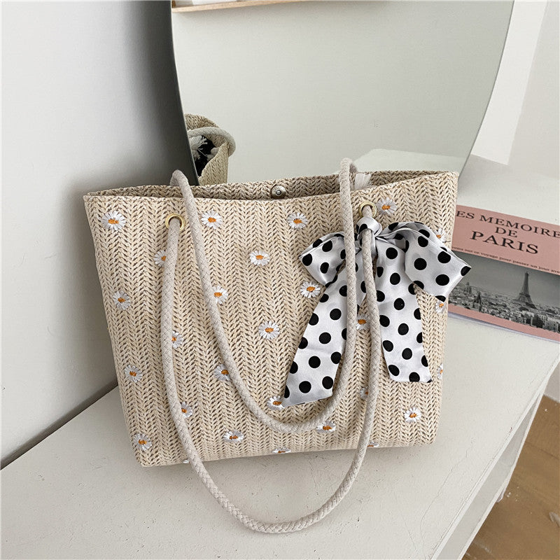 Straw Beach Tote Bag with Decorative Scarf