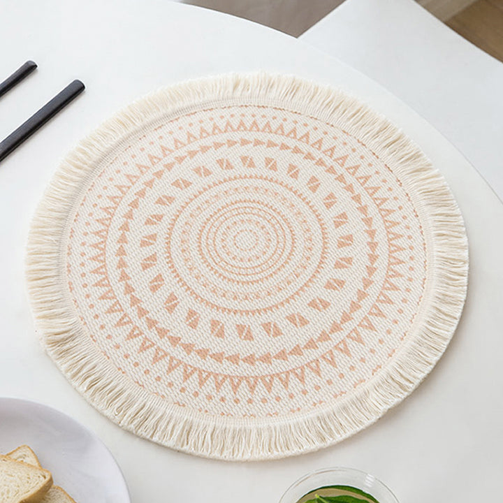 Round woven table placemat with fringe edge and mandala jacquard