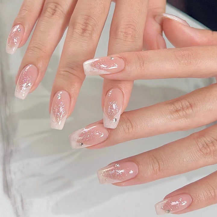 Elegant Artificial Nails with Glitter and Romantic French Tip Bowlift
