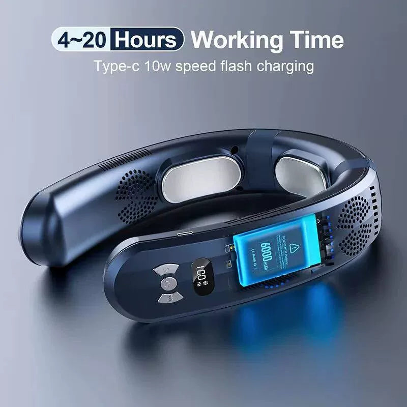 Unisex one size hands-free portable neck cooling fan with LED display and adjustable airflow Bowlift