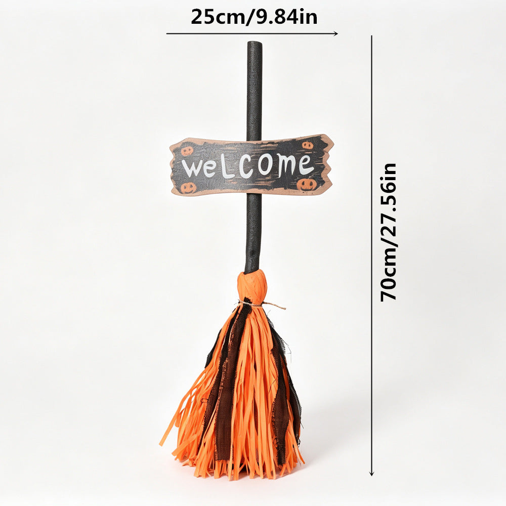Halloween Welcome Decorative Broom with Rustic Welcome Sign Bowlift