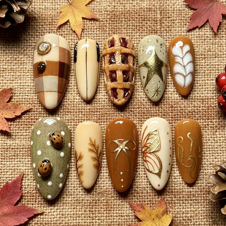 Artificial nail set with handcrafted botanical patterns and elegant accents Bowlift