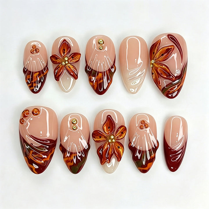 Art nail set with floral 3D applications and elegant glitter elements Bowlift