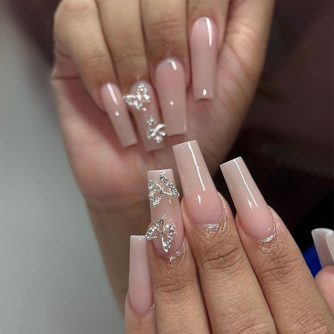 Elegant Long Coffin Nail Extensions with Butterfly Accents Bowlift