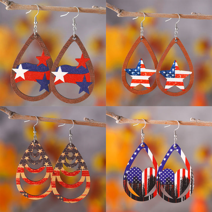 Ladies' nan teardrop-shaped wooden earrings with multi-layer star and stripe appliqué and nickel-free ear hooks Bowlift