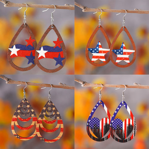 Ladies' nan teardrop-shaped wooden earrings with multi-layer star and stripe appliqué and nickel-free ear hooks Bowlift