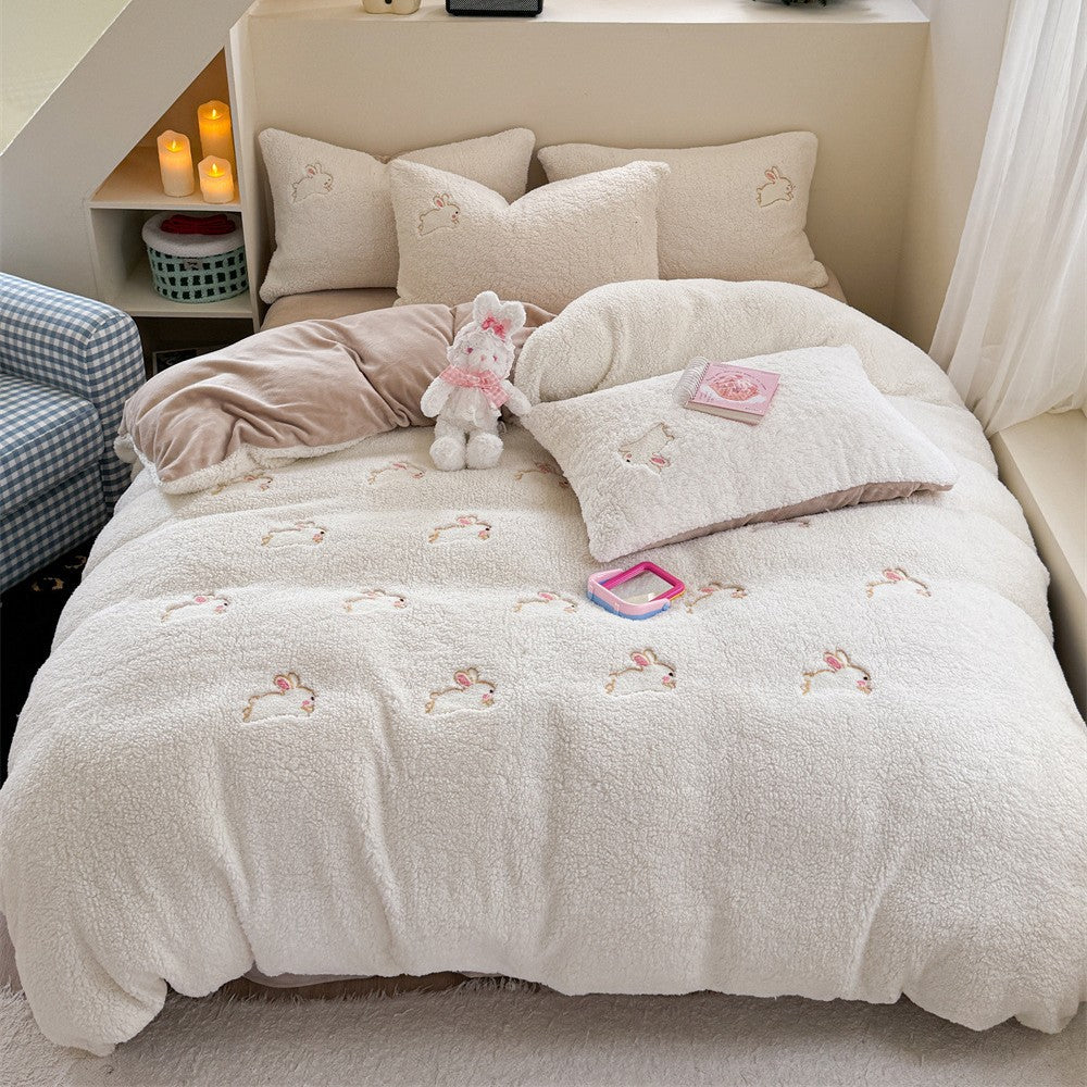 Plush Sherpa Bunny Embroidered Duvet Comforter Set