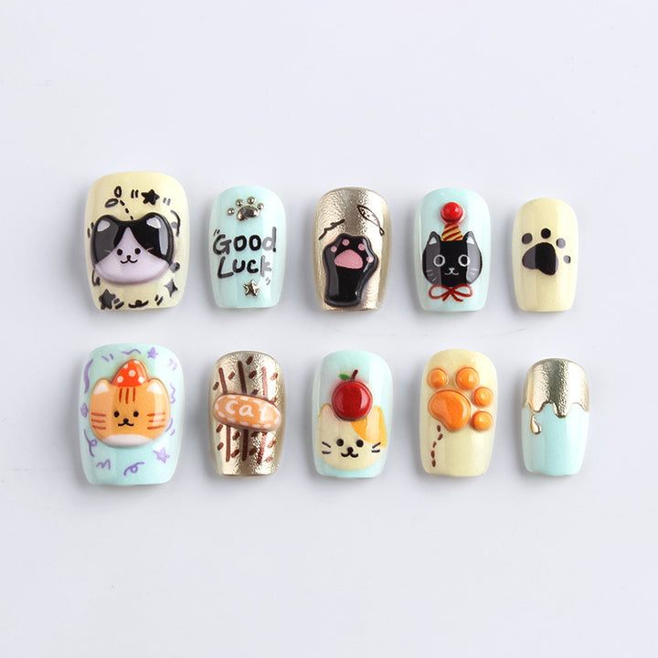 Whimsical Cat-Themed Press-On Nail Art Bowlift