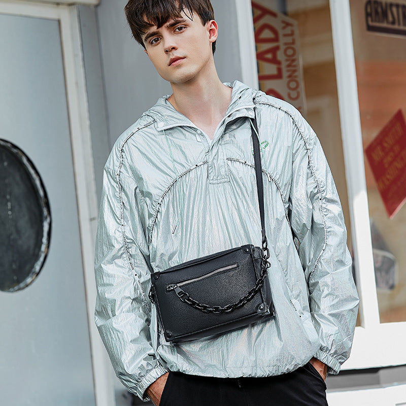 Rectangular Leather Crossbody Bag with Chain Strap and Front Zipper Pocket Bowlift