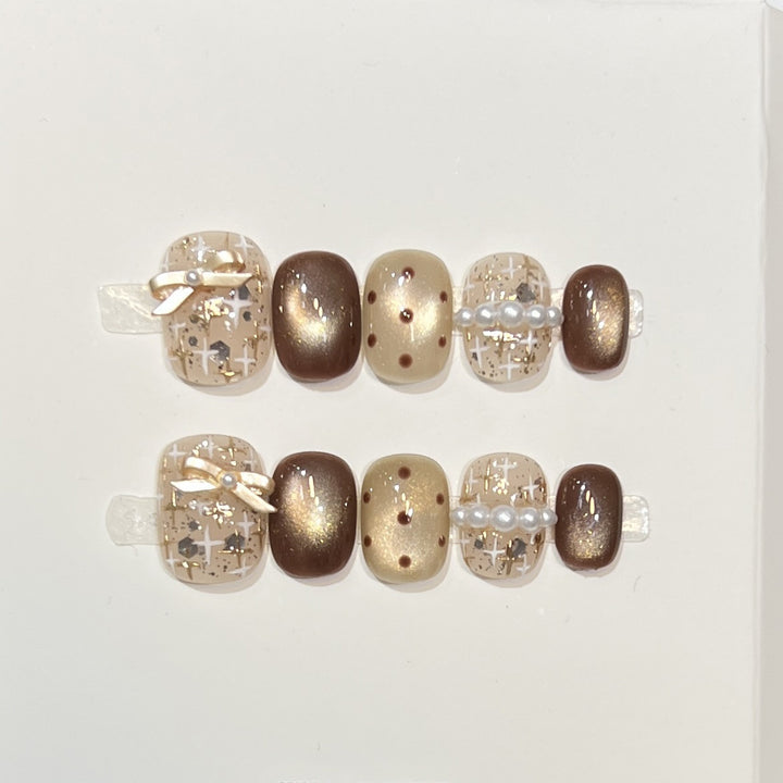 Decorative Press-On Nail Set with Pearl and Bow Accents Bowlift