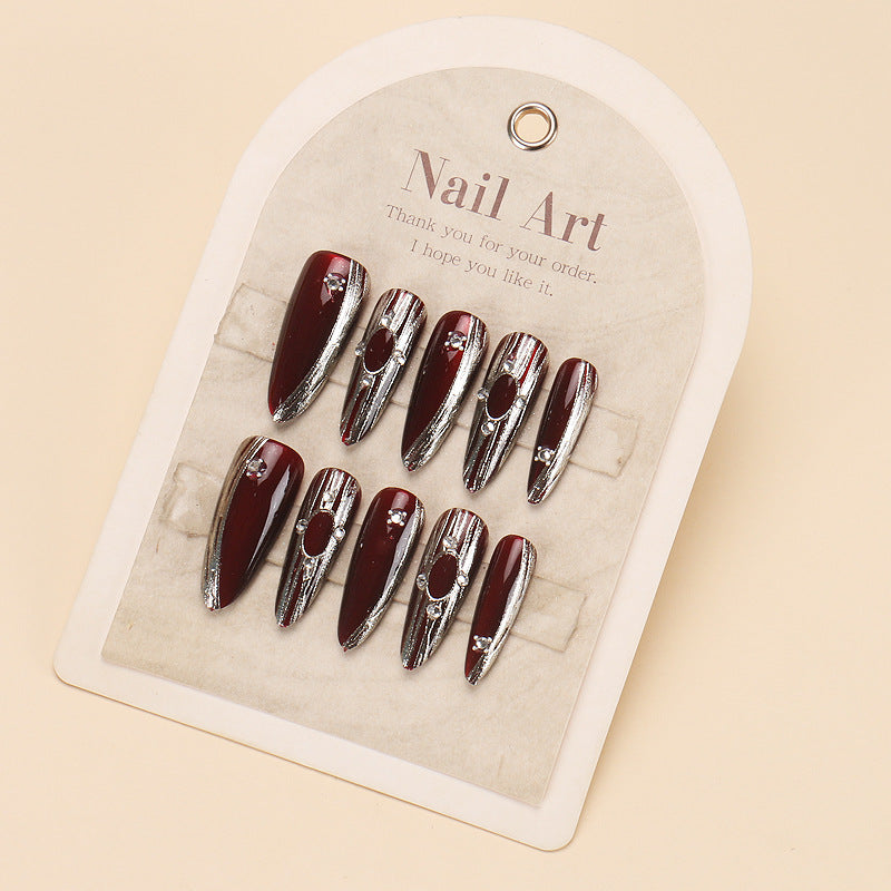 Glamorous Press-On Nail Set with Rhinestone and Glossy Finish Bowlift