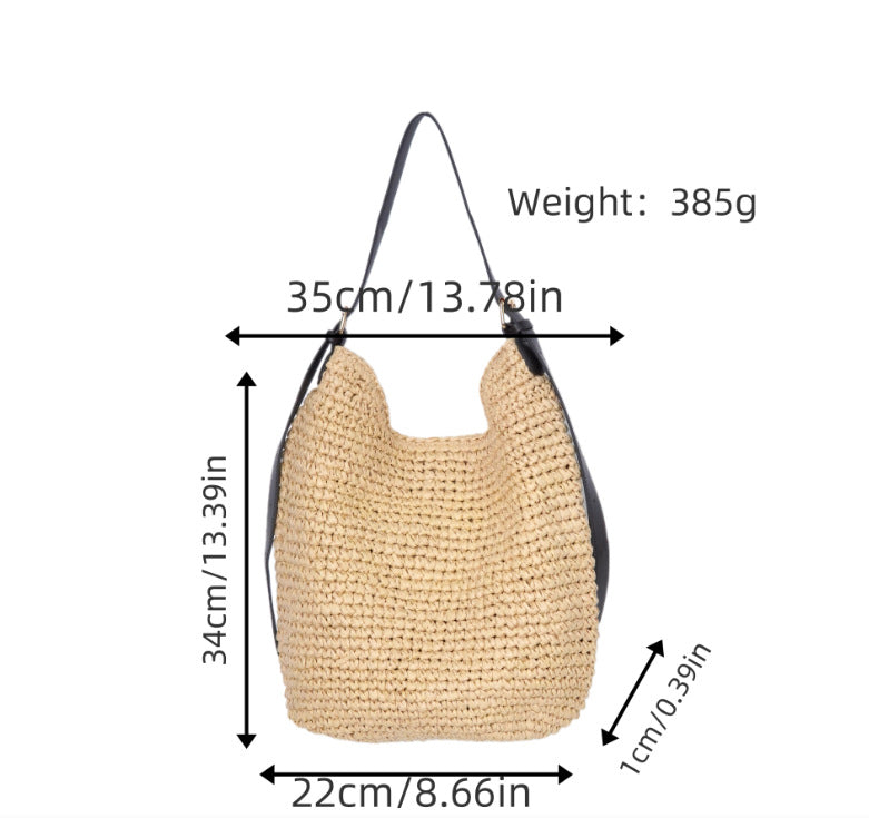 Trendy Shoulder Bag with Natural Weave and Leather Accents Bowlift
