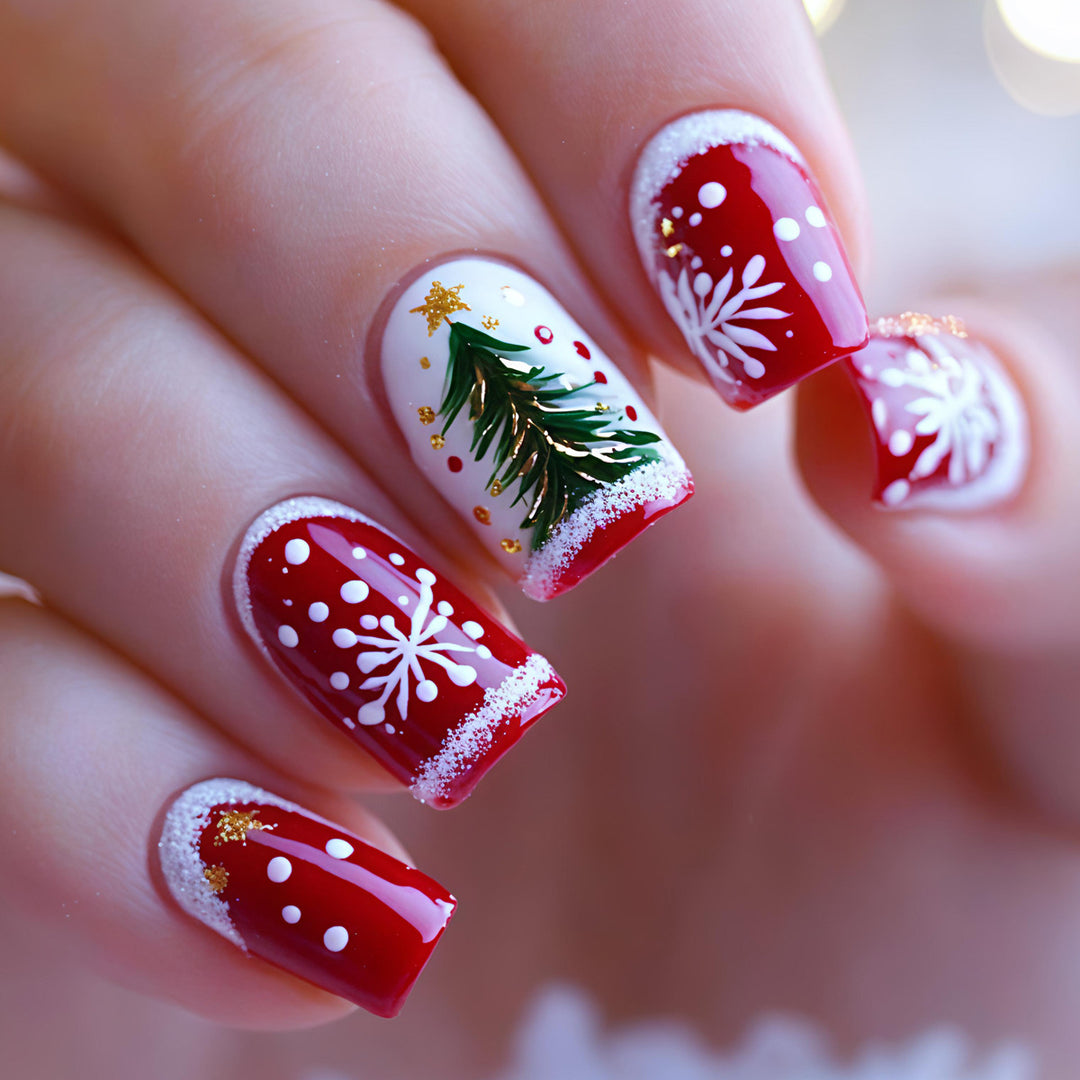 Artificial nails with festive Christmas tree motif Bowlift