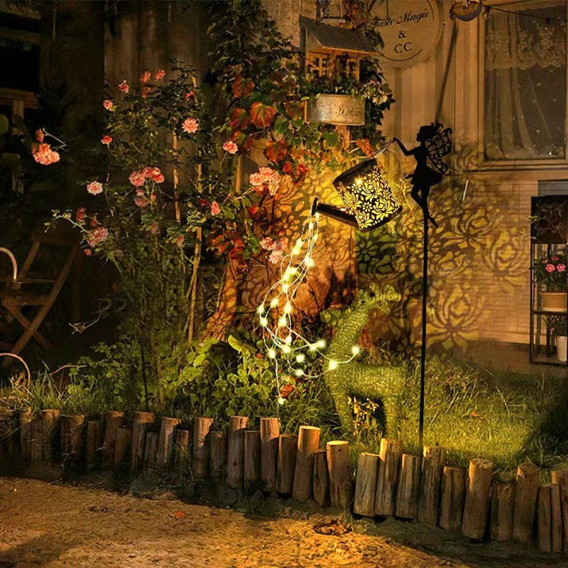 Decorative Fairy Silhouette Garden Stake With LED Watering-Can Cascade Light Bowlift