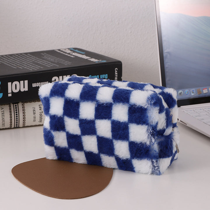 Faux Fur Checkered Zipper Makeup Organizer Pouch Bowlift