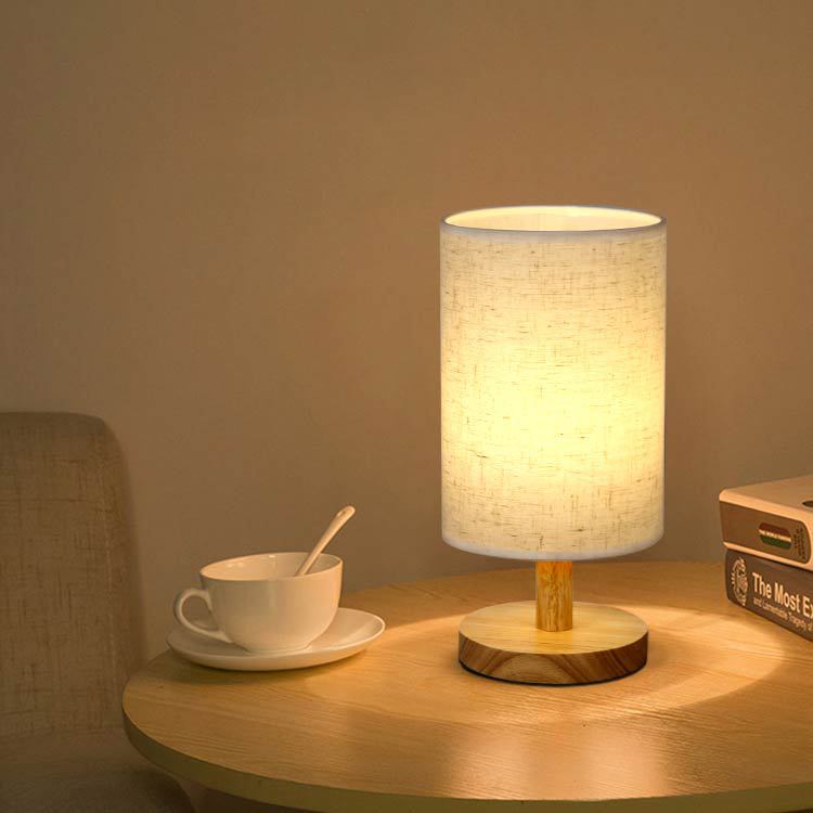 Decorative Cylindrical Fabric Shade Table Lamp with Wooden Base and Mosaic Texture Bowlift