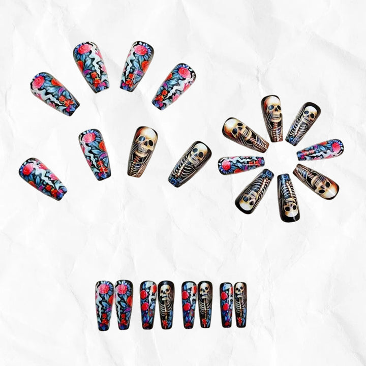 Creative artificial nails with skeleton and flower motifs Bowlift
