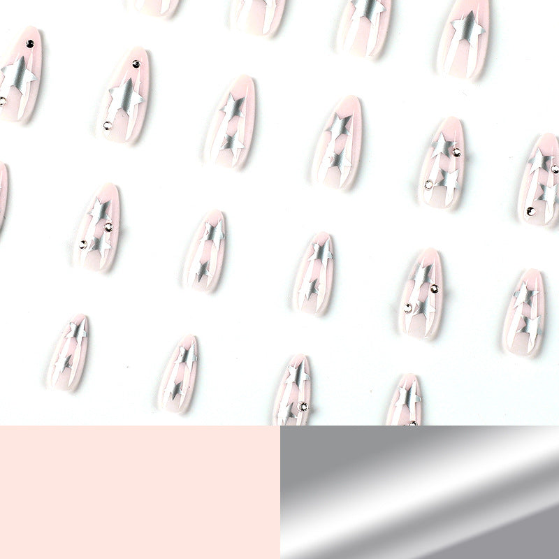 Artistic Nail Extensions with Silver Star Design Bowlift
