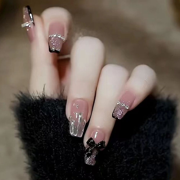 Artificial Nail Set with Glitter and Bow Motif Bowlift