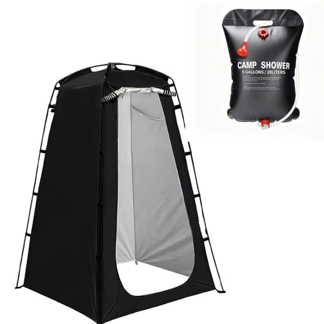 Portable camping shower privacy tent with five gallon solar shower bag and pop up foldable pole system Bowlift
