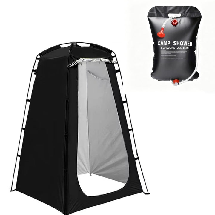 Portable camping shower privacy tent with five gallon solar shower bag and pop up foldable pole system Bowlift