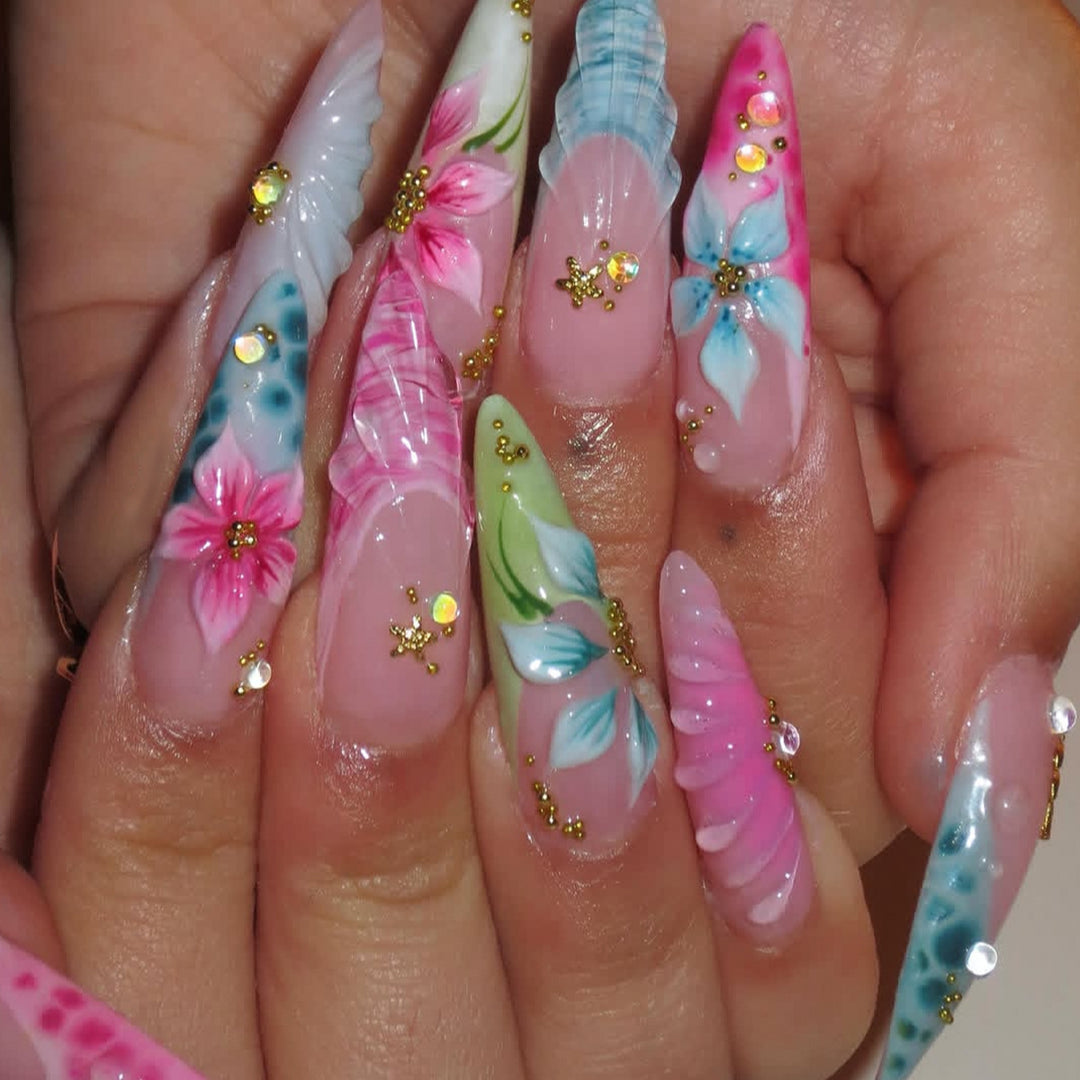 Artistic 3D Floral Acrylic Nail Extensions Bowlift
