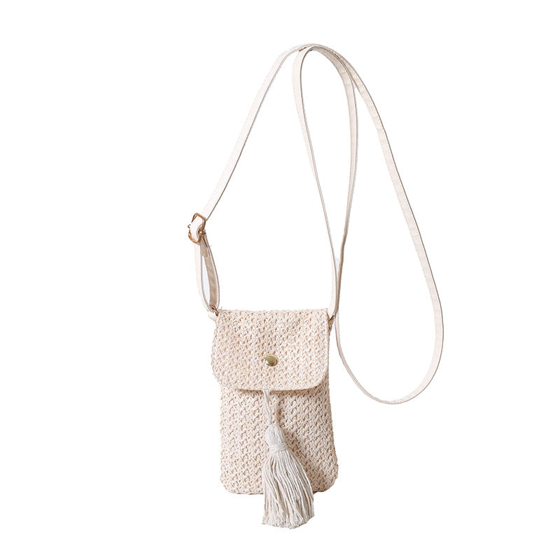 Woven Straw Crossbody Phone Pouch with Tassel and Adjustable Vegan Leather Strap Bowlift