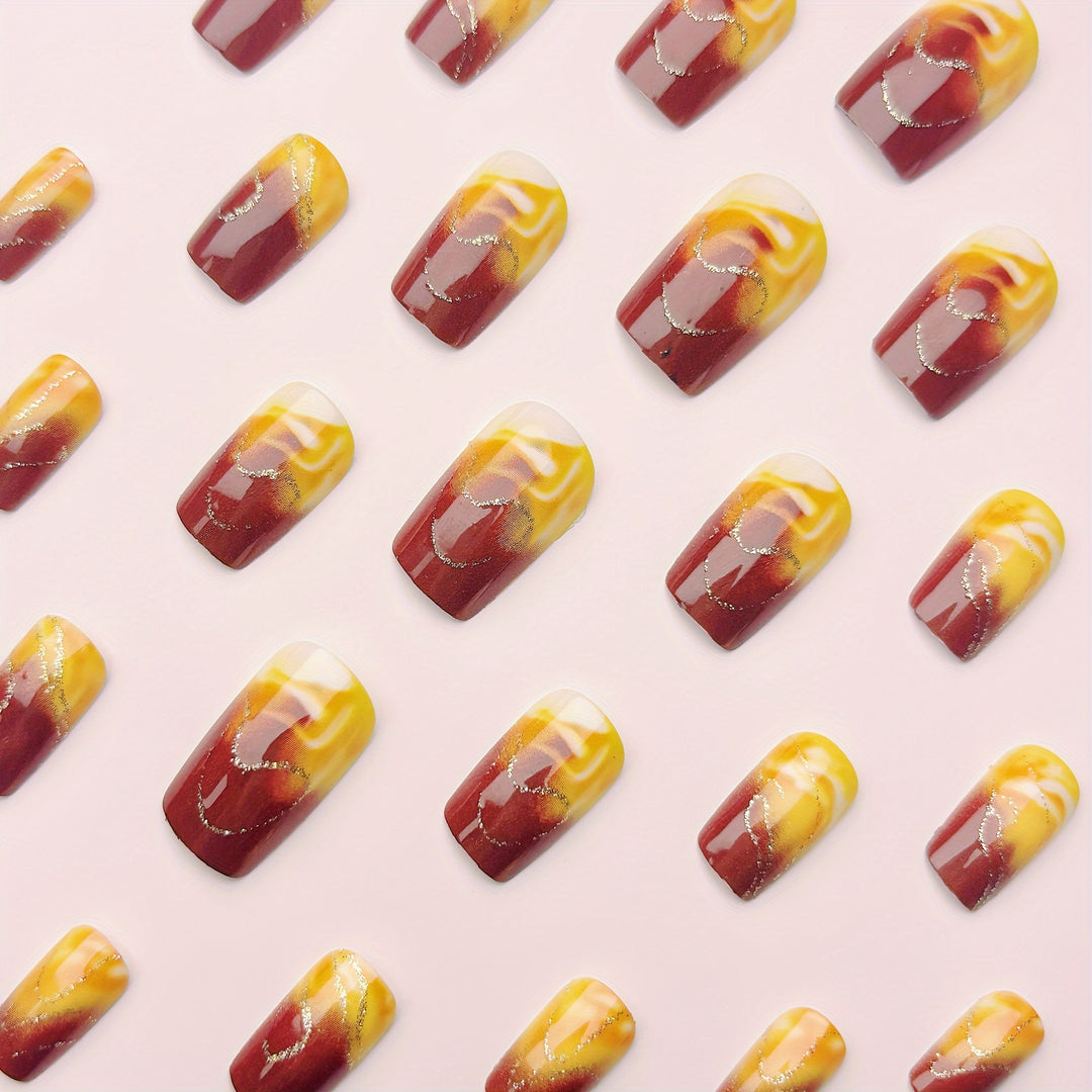 Artificial Nail Set with Marbled Design and Gold Accents Bowlift