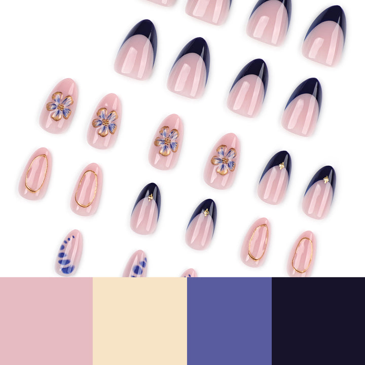 Exquisite artificial nails with elegant 3D flowers and noble accents Bowlift